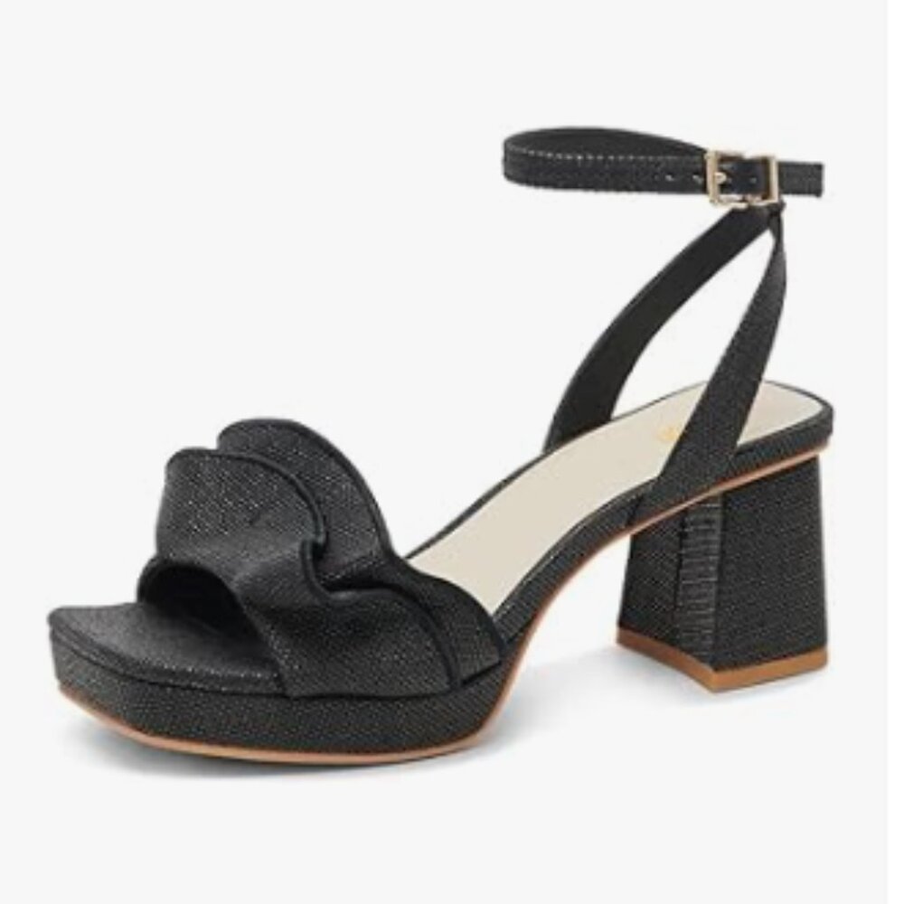Pazzion Black Platform Square Toe Pleated Ruffle Sandals Chunky High Heels Shoes